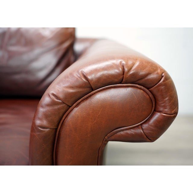 English Ralph Lauren British Colonial Lounge Chair in Brown Leather, Mahogany & Brass For Sale - Image 3 of 13