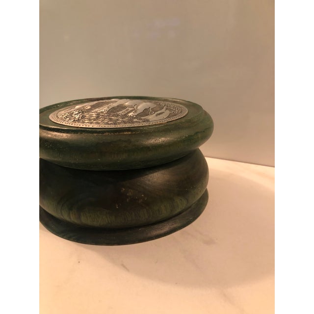 Wood Round Green Wood Box With Elephant Tin Accent For Sale - Image 7 of 10