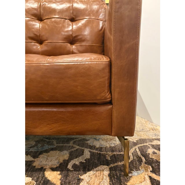 Original retail $9099, timeless Revelation Mid-Century Modern Style Tufted Saddle Brown Leather Ventura Sofa, warm brass...