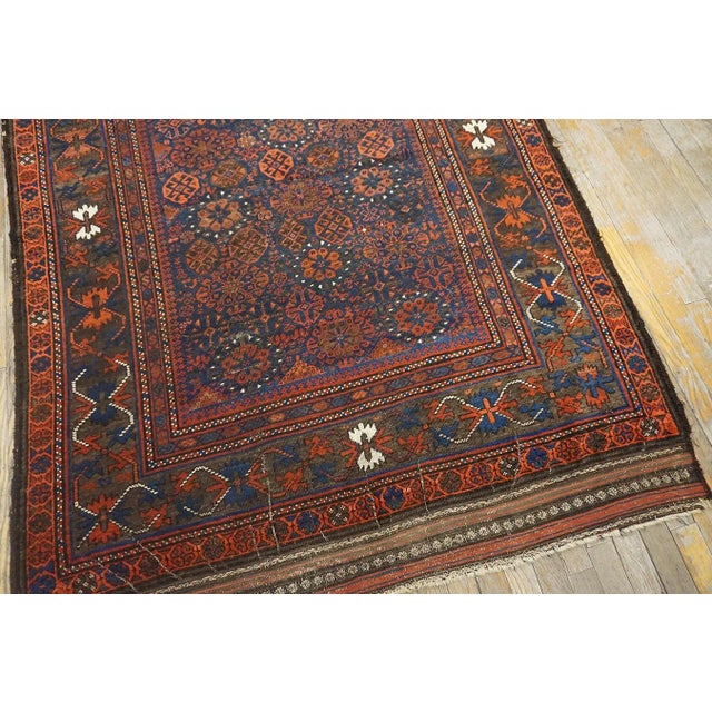 Textile 1890s Blue Navy Geometric Tribal Antique Afghan Baluch Carpet 4'4" X 6'9" Knotted Wool Rug For Sale - Image 7 of 12