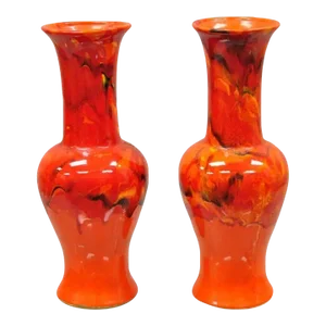 Pair of Vintage Red Lava Drip Glazed Mid Century Modern Ceramic Pottery Vessel Vase