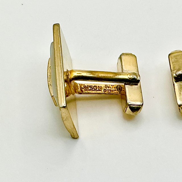 1950s Mid-Century Hollywood Regency Boho Chic Gold Tone Faux Capiz Shell Cufflinks - A Pair. For Sale - Image 9 of 9