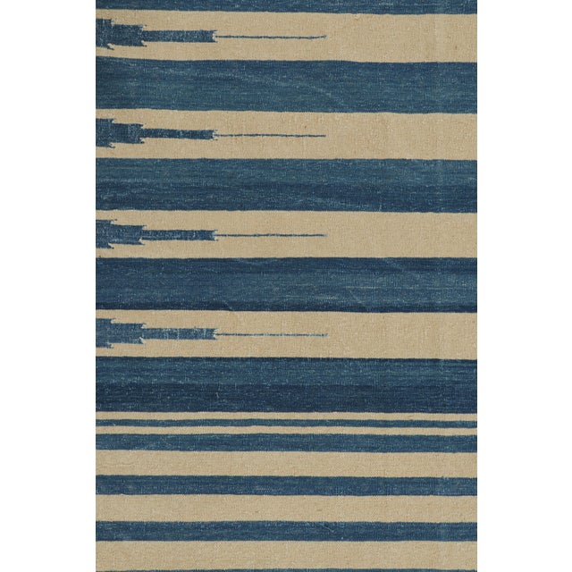 Boho Chic Rug & Kilim's Contemporary Dhurrie Rug in Blue and Beige Stripes - 12x18 For Sale - Image 3 of 8