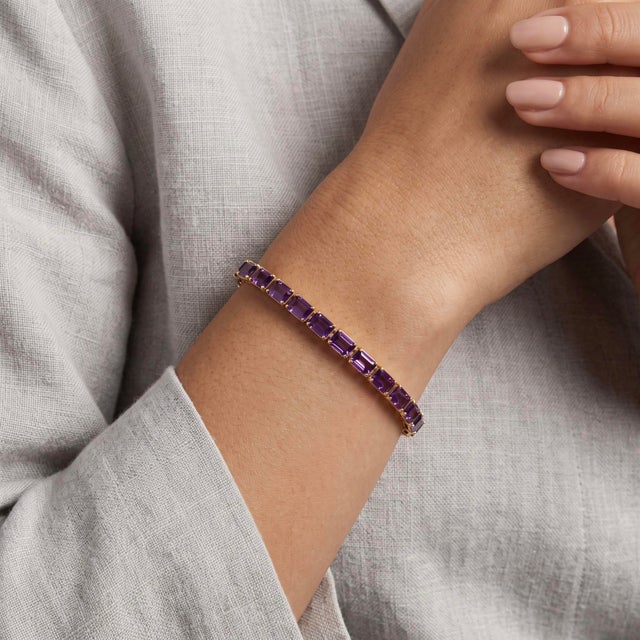 Contemporary Natural Amethyst Emerald-Cut Tennis Bracelet in 18k Yellow Gold Plated For Sale - Image 3 of 5