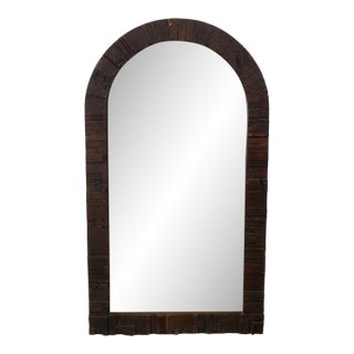 Mid Century Modern Arch Top Wall Mirror With Brutalist Style Wood Frame For Sale