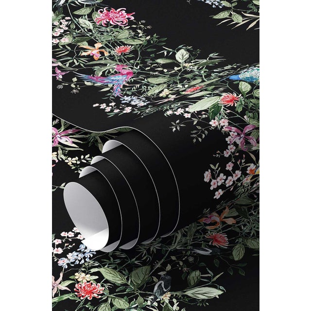 Chinoiserie Mahjong Floral Stripe Grasscloth Wallpaper by House Party | Blank Black | 8 Yards For Sale - Image 3 of 8