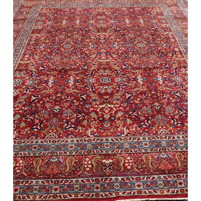Textile Large Antique Persian Fine Weave Tabriz in Red Background & Light Blue Guard Borders. For Sale - Image 7 of 13
