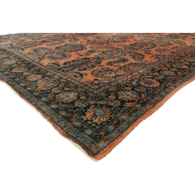 71540 Rustic Antique Persian Kashan Rug, 08'05 x 11'05. Rustic charm meets Victorian elegance​ in this hand knotted wool...