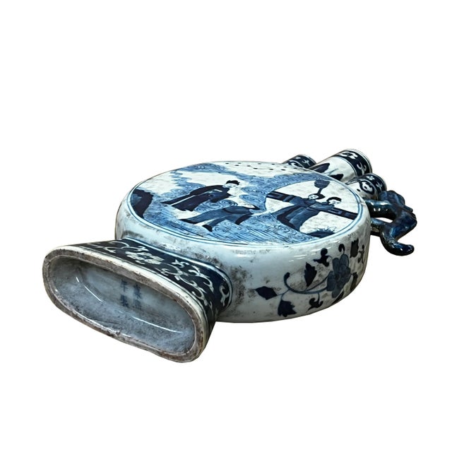 2010s Chinese Blue White Porcelain Round Flat Body People Theme Vase For Sale - Image 5 of 6