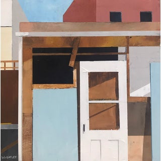 Alley Shed by Justin Wheatley | Acrylic on Panel of a shed with a door and colorful walls For Sale