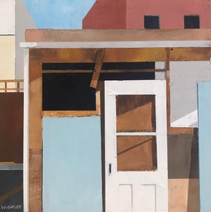 Alley Shed by Justin Wheatley | Acrylic on Panel of a shed with a door and colorful walls