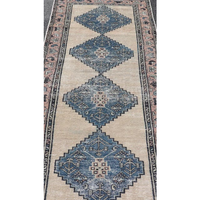 Vintage Persian Hamadan Distressed Runner With Medallion Design in Navy Blue Keivan Woven Arts For Sale In Atlanta - Image 6 of 11