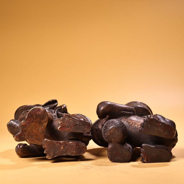 Bronze Pair of Antique Chinese Gilt Bronze Foo Dog Candle Holders With Ring Handles For Sale - Image 8 of 10