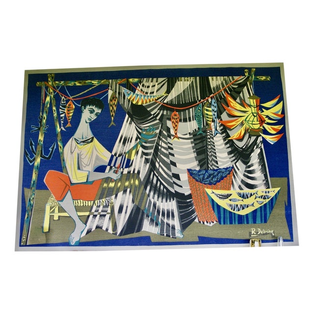 Robert Debieve, The Net Mender, 1950s, Screen Print on Canvas For Sale