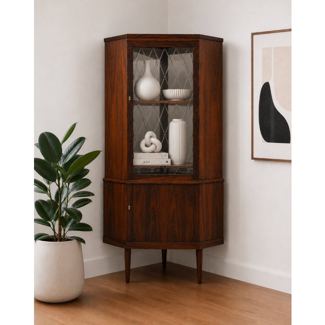 Mid Century Modern Rosewood corner bookcase / china or liquor cabinet, Made in Denmark, c. 1960's. Perfect where space is...