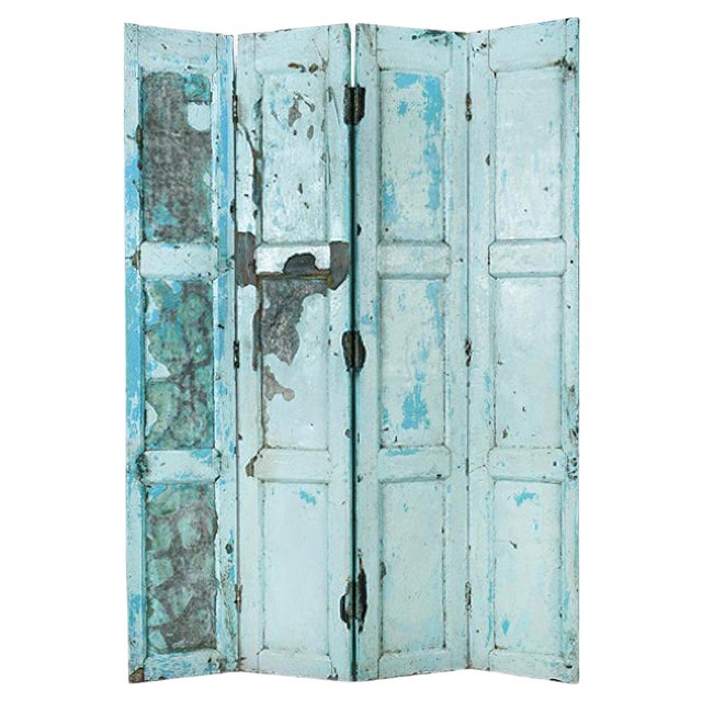 Blue Wood 4-Leaves Foldable Screen For Sale