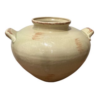 Vintage Mid 20th Century Large Cream Round Sguat Shape Vase With Two Handles For Sale