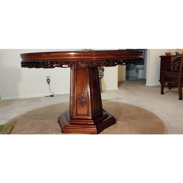 Beautiful and Elegant ROSEWOOD Round Glass Top Dining Table with intricate wooden base and 4 Chairs with cushions...