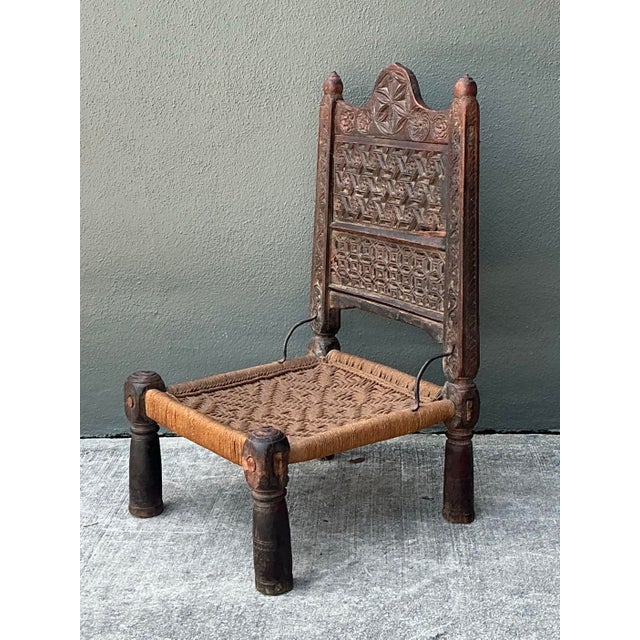 Traditional Vintage Hand Carved Low Weavers Chair For Sale - Image 3 of 12