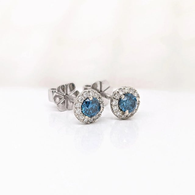 Blue Diamond Earrings with Natural Diamonds in Solid 14K White Gold Round 3.5mm, a Pair For Sale - Image 4 of 7