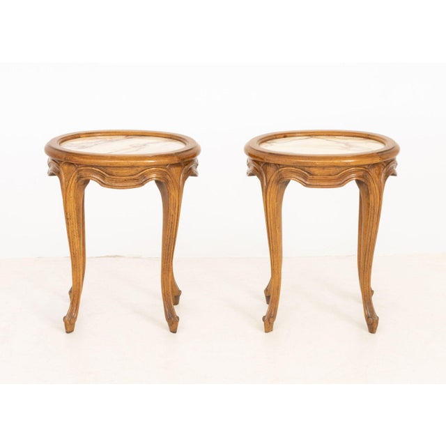 French Provincial Mid 20th Century Pair of French Provincial Style Pink Alabaster Top Low Tables For Sale - Image 3 of 8