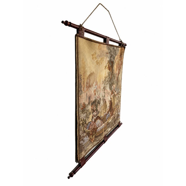 French Provincial Vintage French Pastoral Tapestry Wall Hanging With Wooden Rods, Mid 20th Century For Sale - Image 3 of 9