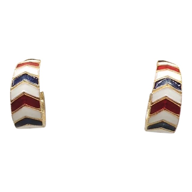 Vintage 1960s Unsigned Red White & Blue Chevron Enamel Hoop Clip Earrings - 2 Pieces For Sale