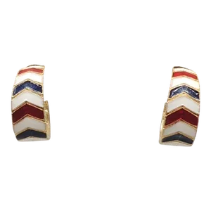 Vintage 1960s Unsigned Red White & Blue Chevron Enamel Hoop Clip Earrings - 2 Pieces