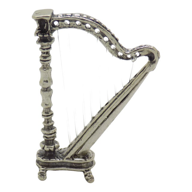 Vintage Italian Handmade Silver and Nylon Harp Miniature, 1970s For Sale