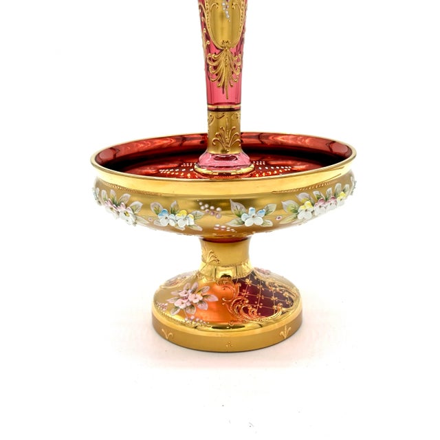 Art Nouveau Antique Moser Bohemian Cranberry Glass Epergne Gold Gilt With Raised Enamel Floral Design For Sale - Image 3 of 11