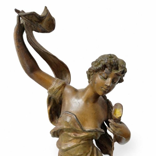 Metal Art Nouveau L“L’Aurore Table Clock and Candelabras from Hardyau Fils, Set of 3 For Sale - Image 7 of 9