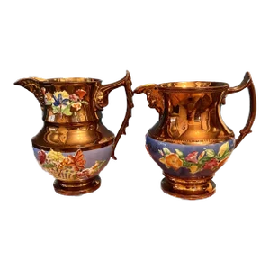 Antique 1800s French Lusterware Jersey Pitchers - Set of 2