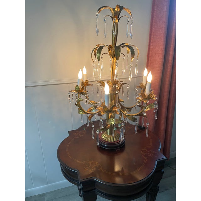 Mid 20th Century Italian Gilt Tole and Crystals Electric Candelabra Lamp For Sale - Image 17 of 18