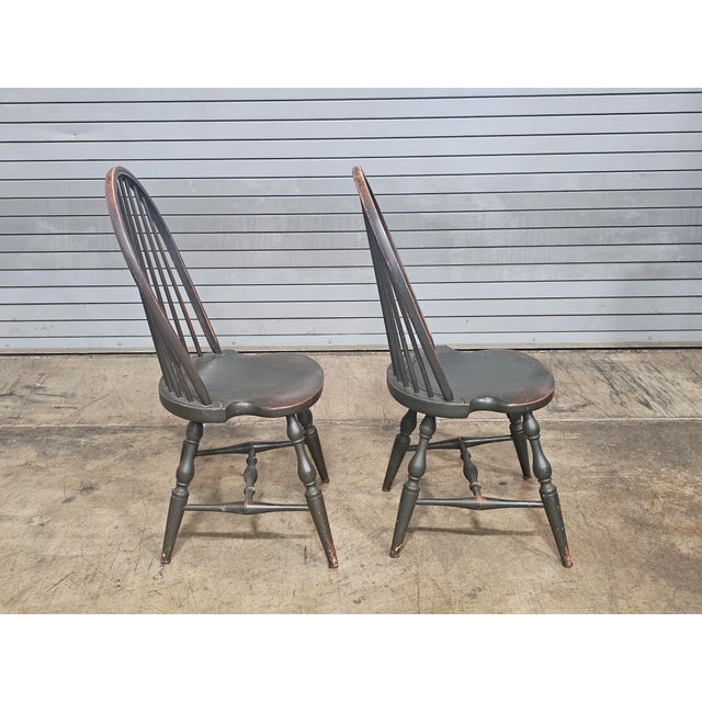 Store Item: Pair of David T Smith Bow Back Windsor Chairs Dark Green Finish Ohio Bench Made Description: Each Chair has a...