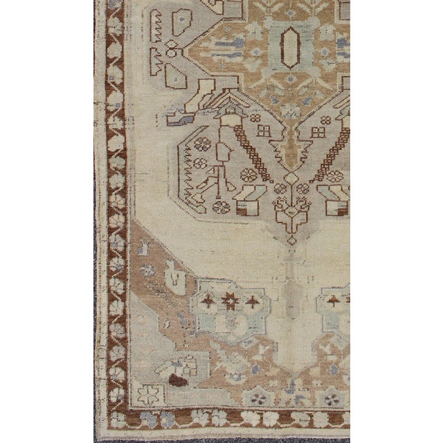 Tribal Vintage Hand Knotted Turkish Oushak Rug With Large Floral Medallion 4'4" X 9'2" For Sale - Image 3 of 6