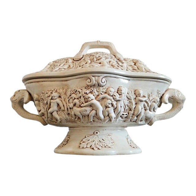 Large Vintage Italian Capodimonte Style Porcelain Covered Serving Dish For Sale