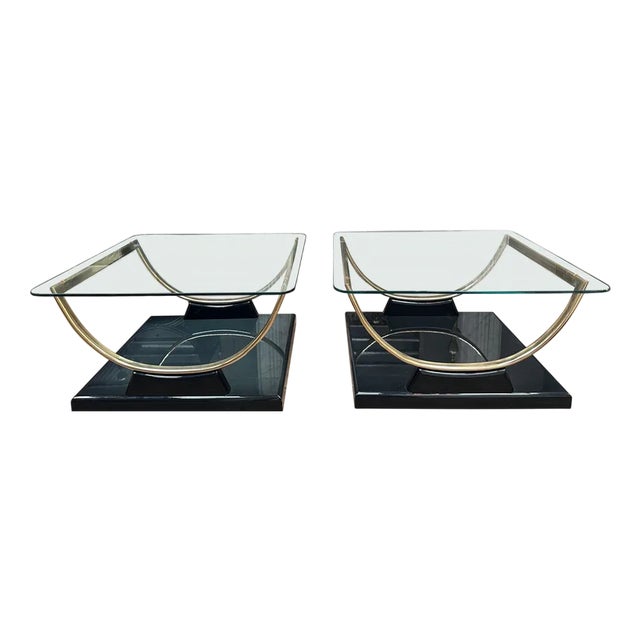 Black Lacquered and Brass End Tables, 1980s, Set of 2 For Sale