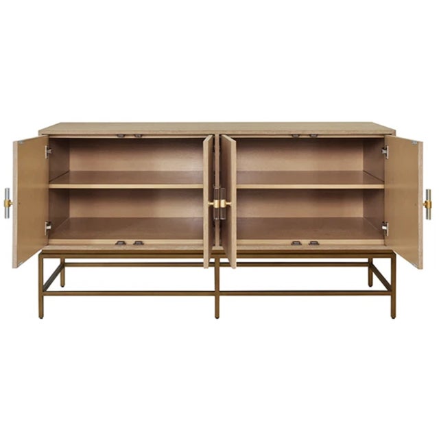 Contemporary Matthew Izzo Home Ariel Cerused Oak Four Door Buffet With Brass Metal Base and Acrylic/Brass Hardware For Sale - Image 3 of 6