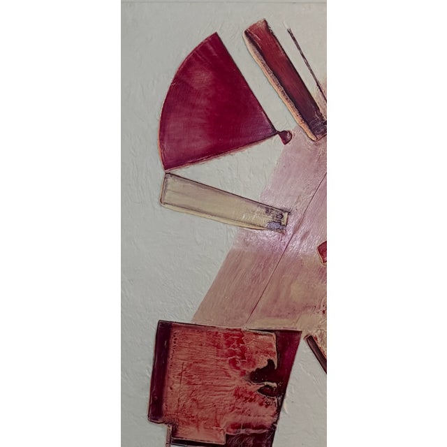 signed contemporary abstract composition in mixed media on panel. a striking geometric arrangement in layered tones of...