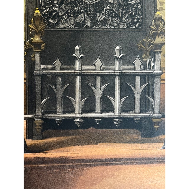 Paper Antique Victorian Gothic Revival Chromolithograph "A Grate & Fire Dogs" by C. Jeakes & Co. London, C. 1865 For Sale - Image 7 of 8