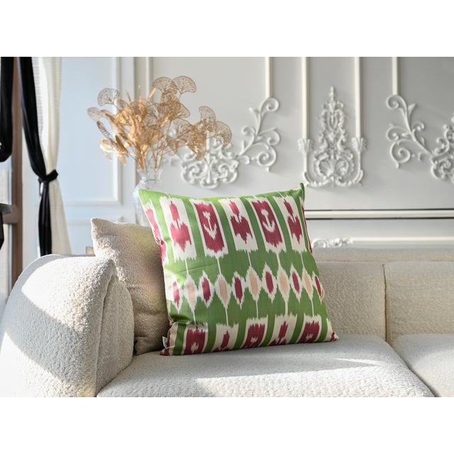 Contemporary Green Handmade Ikat Pillow Cover For Sale - Image 3 of 7