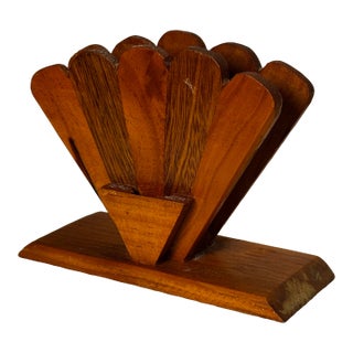 Vintage Boho Chic Arched Fan Solid Wood Napkin Holder For Sale