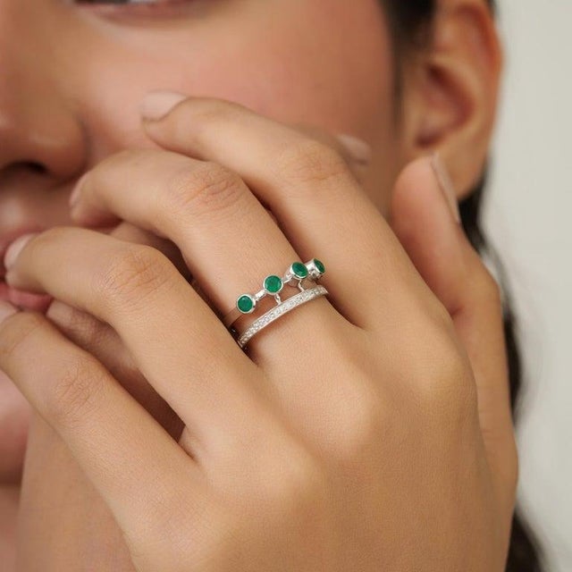 Geometric Green Onyx & Zircon Double Band Ring in 925 Silver, Size 7.5 For Sale - Image 6 of 12