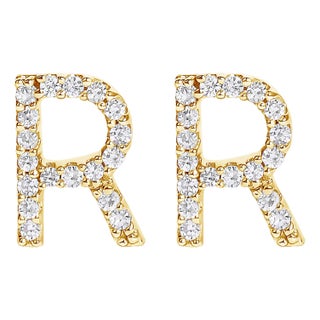 10K Yellow Gold 1/10 Cttw Diamond 'R' Initial Stud Earring For Sale