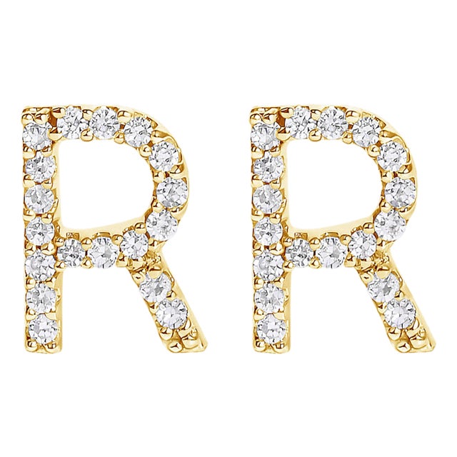 10K Yellow Gold 1/10 Cttw Diamond 'R' Initial Stud Earring For Sale