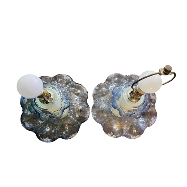 Mid-Century Modern 1950s Pair of Mid-Century Modern Murano Style Blue Bullicante Glass Lamps For Sale - Image 3 of 12