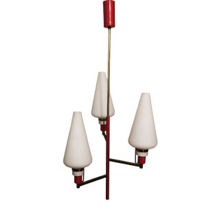 Small Italian Brass and Opaline Glass Chandelier, 1950 For Sale