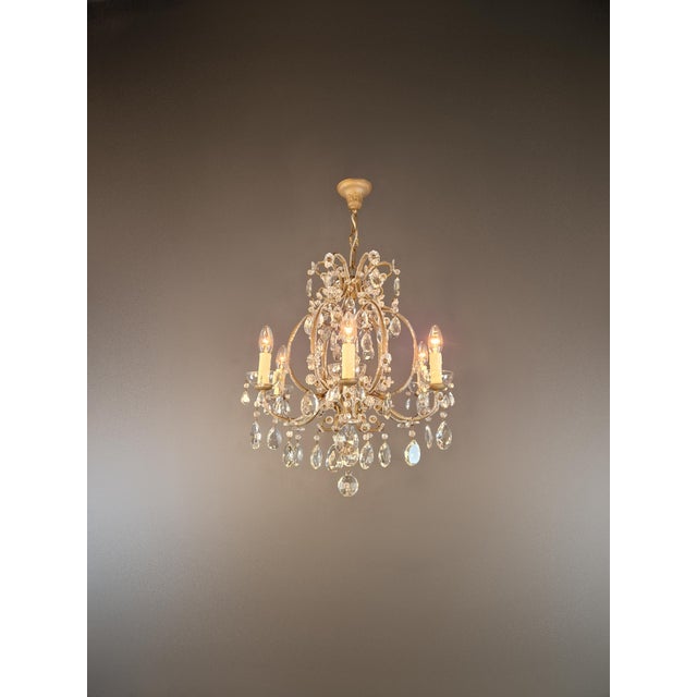 Antique French Louis XVI Style Chandelier Restored Crystal Drops Brass For Sale - Image 6 of 12