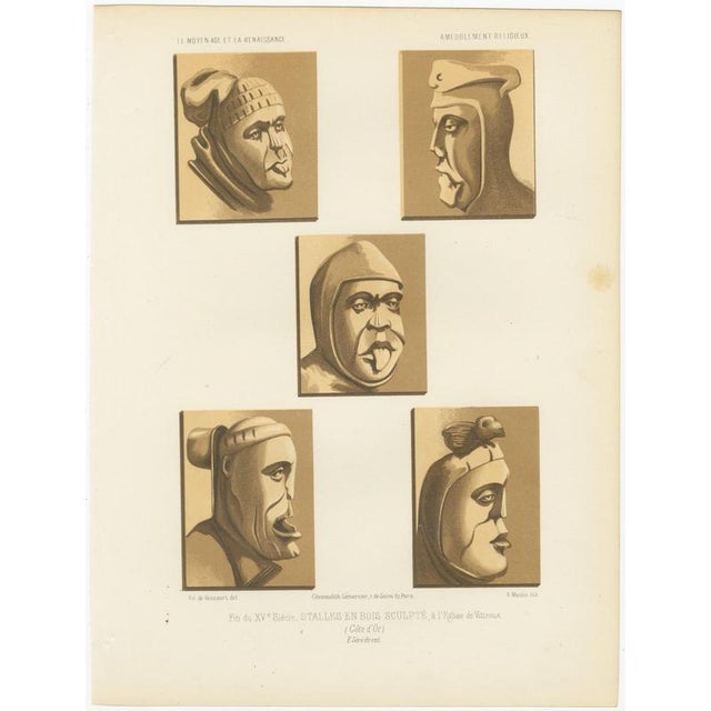 Ferdinand Séré, Carved Stall Heads at Vitteaux, Côte Dor, 1851, Chromolithograph For Sale - Image 3 of 9