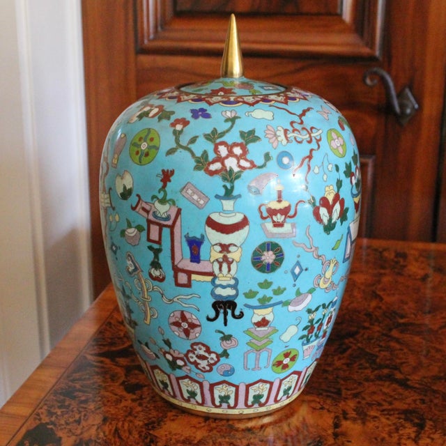 Metal Pair Chinese Export Turquoise Cloisonneé Lidded Jars For Sale - Image 7 of 14